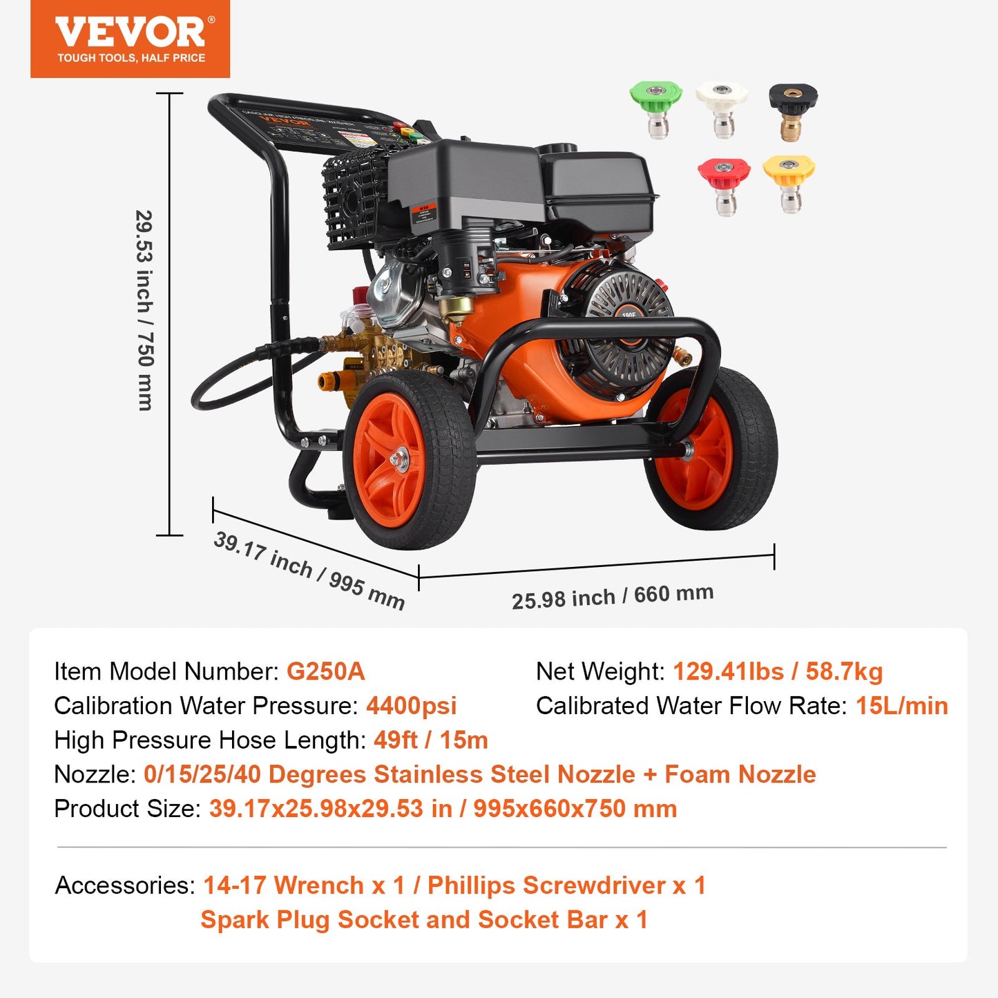 Gas Pressure Washer, 4400 PSI 15L/min, 4 GPM Gas Powered Pressure Washer with Copper Pump, Spray Gun and Extension Wand, 5 Nozzle Set, for Cars, Fences, Homes, Driveways, Patios, Furniture