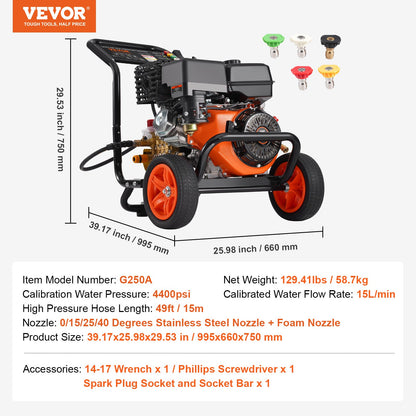 Gas Pressure Washer, 4400 PSI 15L/min, 4 GPM Gas Powered Pressure Washer with Copper Pump, Spray Gun and Extension Wand, 5 Nozzle Set, for Cars, Fences, Homes, Driveways, Patios, Furniture