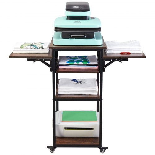 Heat Press Table with Charging Station, 4 Tier Movable Heat Press Stand, Foldable Heat Transfer Machine Stand with Wheels, Rolling Metal Workbench for Sublimation Transfer Machine, Brown