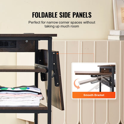 Heat Press Table with Charging Station, 4 Tier Movable Heat Press Stand, Foldable Heat Transfer Machine Stand with Wheels, Rolling Metal Workbench for Sublimation Transfer Machine, Brown