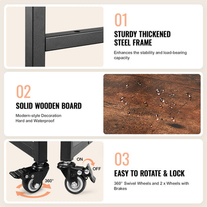 Heat Press Table with Charging Station, 4 Tier Movable Heat Press Stand, Foldable Heat Transfer Machine Stand with Wheels, Rolling Metal Workbench for Sublimation Transfer Machine, Brown