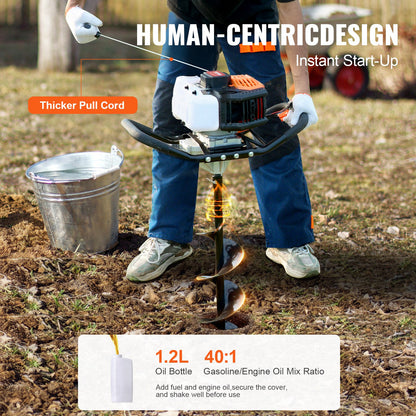 Stolphålsgrävare bensindriven, 43CC 1250W jordborr, bensindriven jordborr med 8” borrbitar, stolphålsgrävare för jordbruksträdgårdsväxter, orange+svart