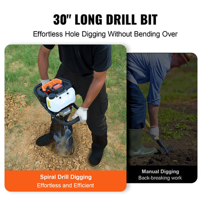 Post Hole Digger Gas Powered, 52CC 1450W Earth Auger, Gas Auger with 8” Auger Drill Action Design Bits & 1 Extension Rod, Post Fence Hole Digger for Farmland Garden Plant, Orange+Black