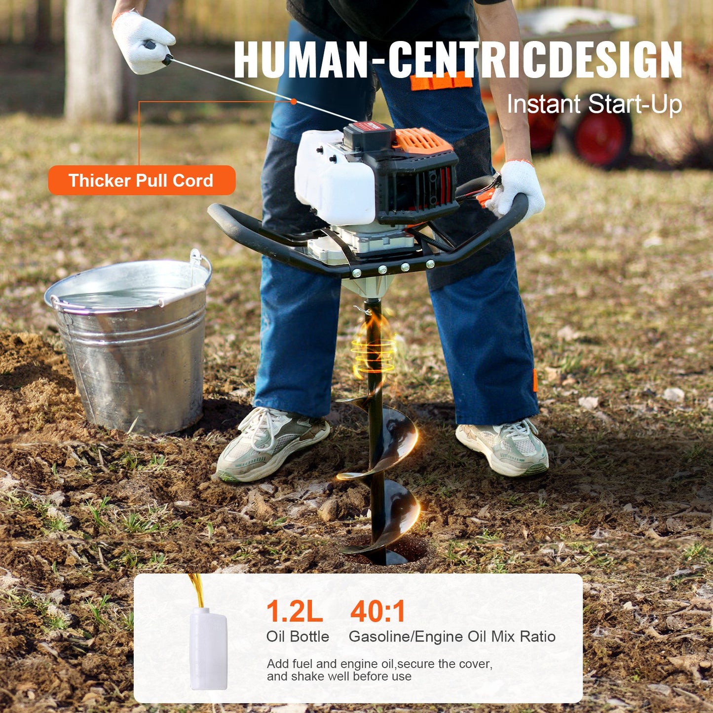 Post Hole Digger Gas Powered, 52CC 1450W Earth Auger, Gas Auger with 8” Auger Drill Action Design Bits & 1 Extension Rod, Post Fence Hole Digger for Farmland Garden Plant, Orange+Black