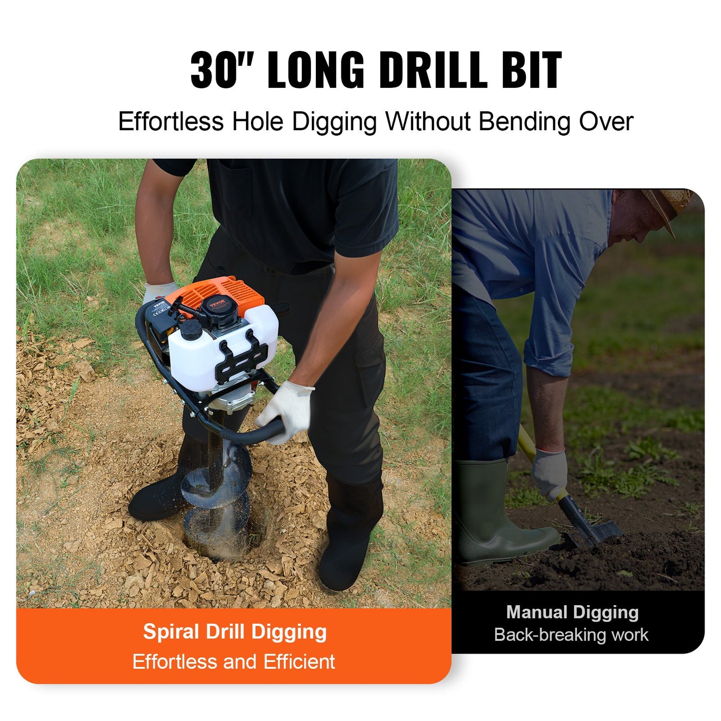 Gas Post Hole Digger 63CC 2400W with 20.3 cm Drill Bits & 1 Extension Rod