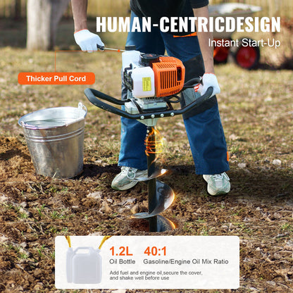 Gas Post Hole Digger 63CC 2400W with 20.3 cm Drill Bits & 1 Extension Rod