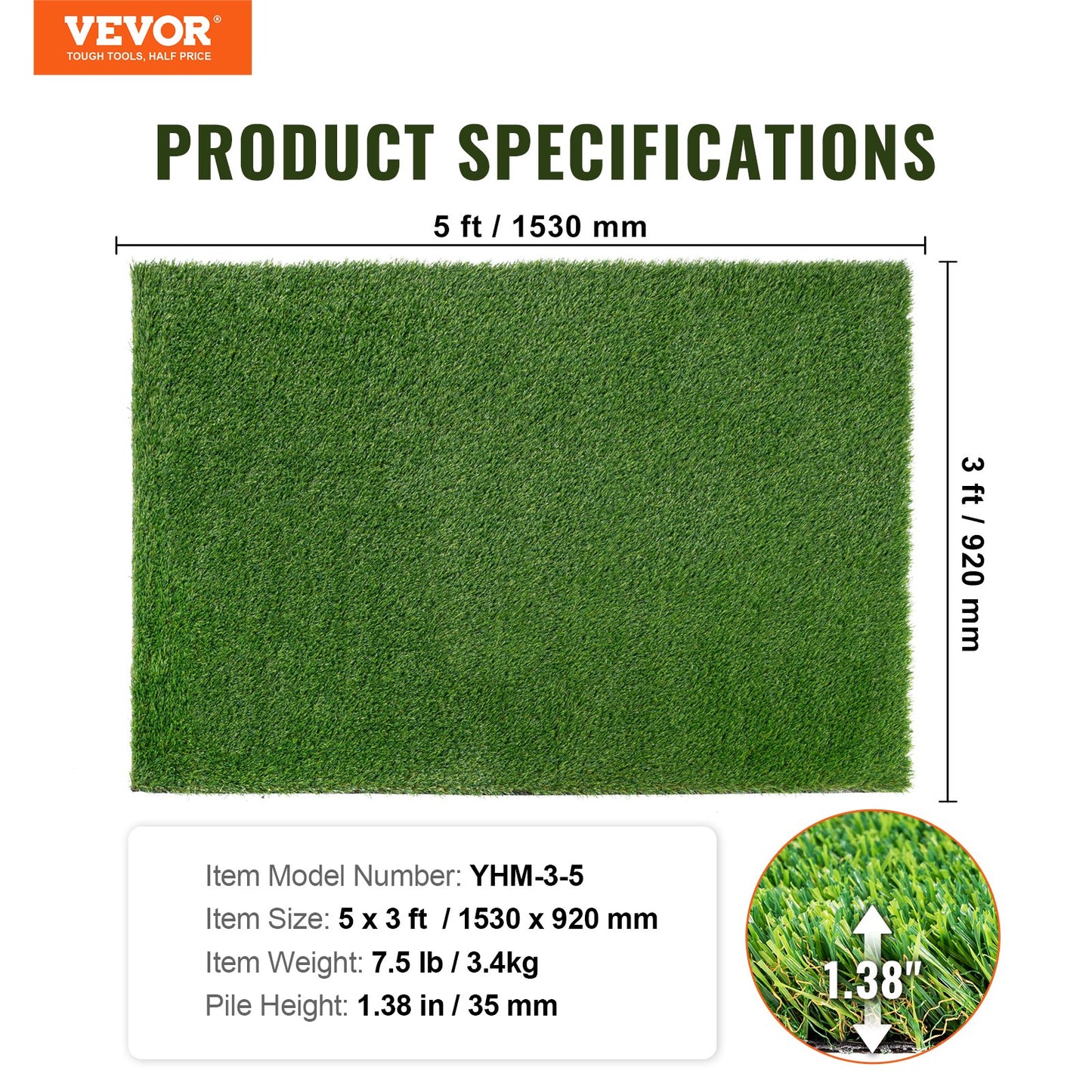 Artifical Grass, 0.9 x 1.5 m Rug Green Turf, 35mm Fake Door Mat Outdoor Patio Lawn Decoration, Easy to Clean with Drainage Holes, Perfect For Multi-Purpose Home Indoor Entryway Scraper Dog Mats