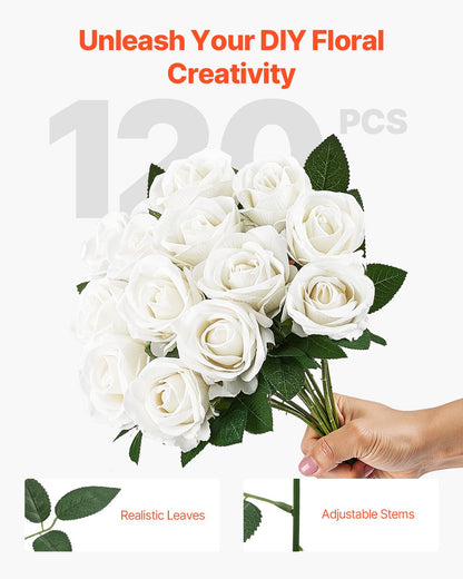 Artificial Flowers, 120 pcs Real Looking White Foam Fake Roses Bulk, White Faux Bridal Shower with Stems for DIY Wedding Bouquets, Home Centerpieces Arrangements, Party Tables Decorations