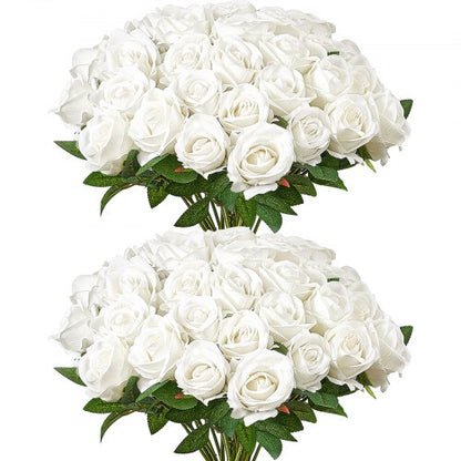 Artificial Flowers, 60 pcs Real Looking White Foam Fake Roses Bulk, White Faux Bridal Shower with Stems for DIY Wedding Bouquets, Home Centerpieces Arrangements, Party Tables Decorations