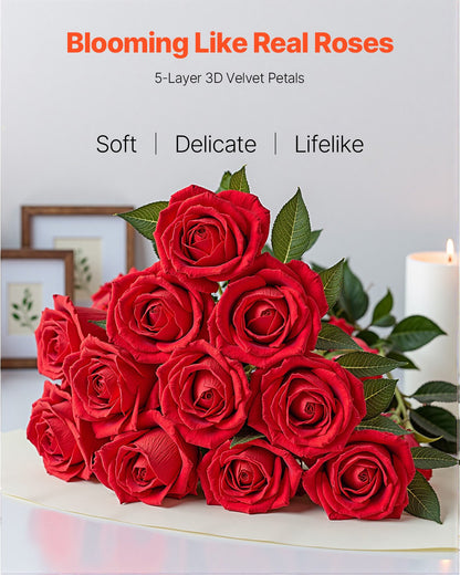 Artificial Flowers, 60 pcs Real Looking Red Foam Fake Roses Bulk, Faux Red Bridal Shower with Stems for DIY Wedding Bouquets, Home Centerpieces Arrangements, Party Tables Decorations