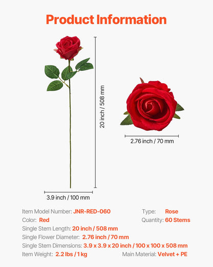 Artificial Flowers, 60 pcs Real Looking Red Foam Fake Roses Bulk, Faux Red Bridal Shower with Stems for DIY Wedding Bouquets, Home Centerpieces Arrangements, Party Tables Decorations