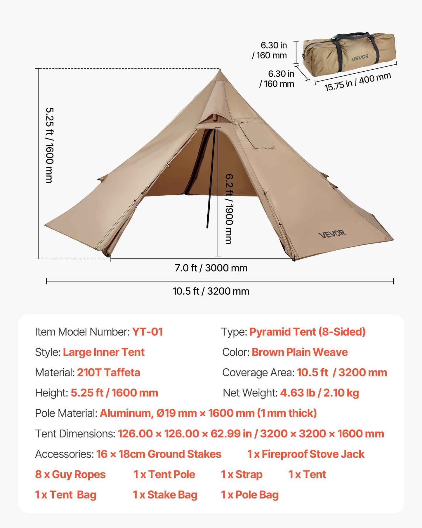 Hot Tent for 2 Persons, Portable Winter Tipi Tent with Stove Jack, Waterproof Canvas Camping Tents, Lightweight 4 Season Shelter Tents for Hiking Fishing Backpacking, S Size