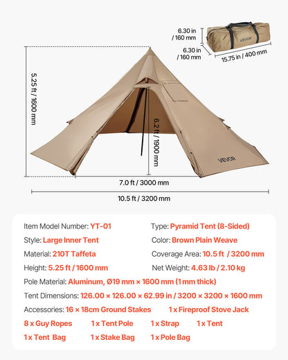 Hot Tent for 2 Persons, Portable Winter Tipi Tent with Stove Jack, Waterproof Canvas Camping Tents, Lightweight 4 Season Shelter Tents for Hiking Fishing Backpacking, S Size