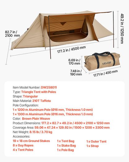 Campingtält, lätt bushcrafttält med spisjack och 2 presenningsstänger, vattentäta vintertält med skydd, bärbara 4-säsongstält för 2 personer vandring fiske jakt ryggsäcksvandring