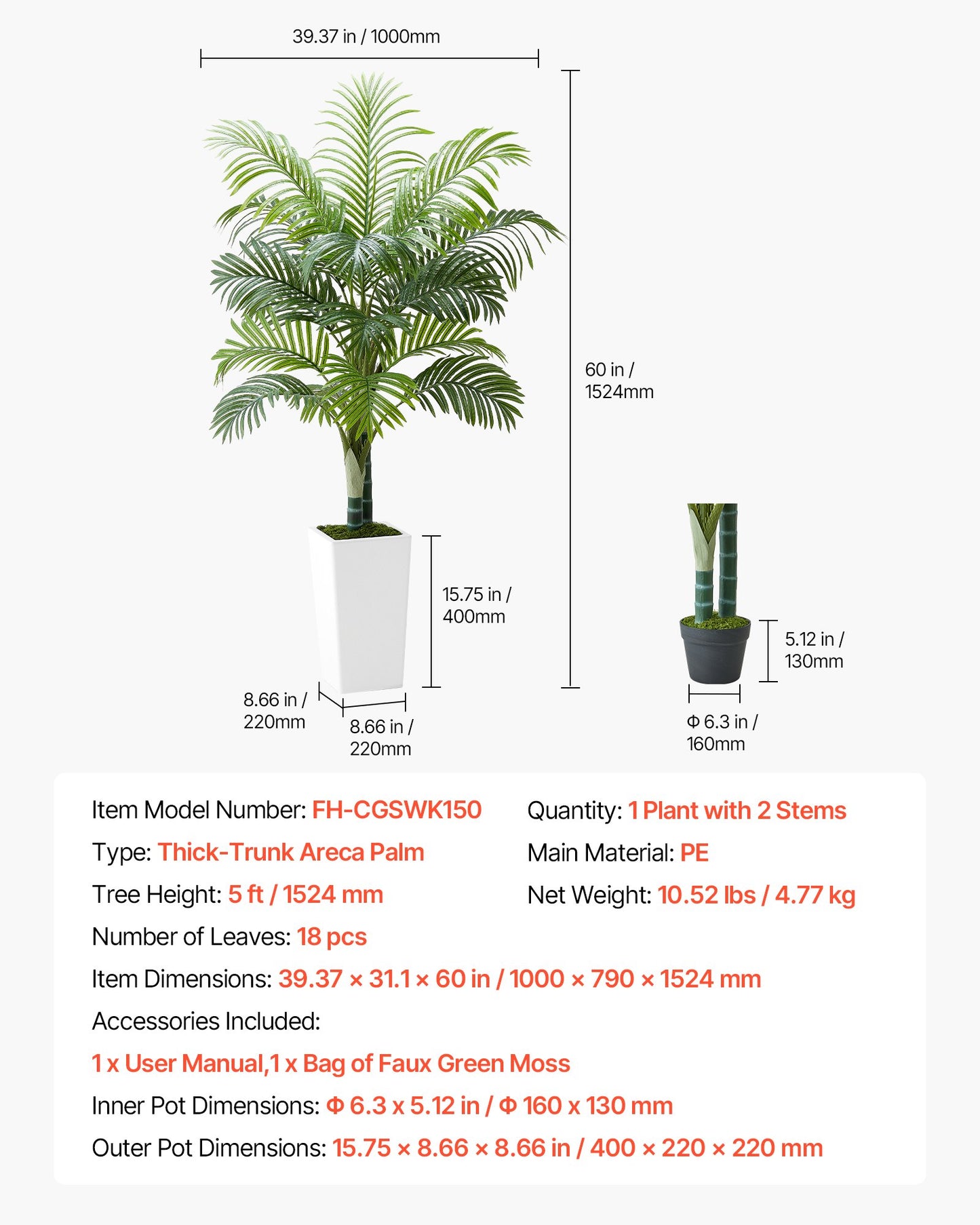 Artificial Areca Palm Tree 1524 mm, Fake Palm Tropical Plants with White Tall Planter, Faux Floor Silk Plant in Pot, Large Trees for Home Office Living Room Decor House Warming, Indoor Outdoor