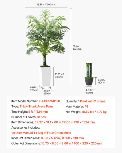 Artificial Areca Palm Tree 1524 mm, Fake Palm Tropical Plants with White Tall Planter, Faux Floor Silk Plant in Pot, Large Trees for Home Office Living Room Decor House Warming, Indoor Outdoor
