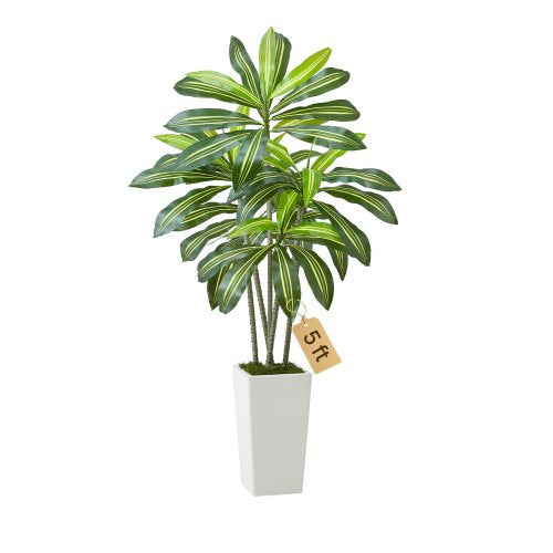 Artificial Dracaena Tree 1524 mm, Fake Palm Tropical Plants with White Tall Planter, Faux Floor Silk Plant in Pot, Large Trees for Home Office Living Room Decor House Warming, Indoor Outdoor