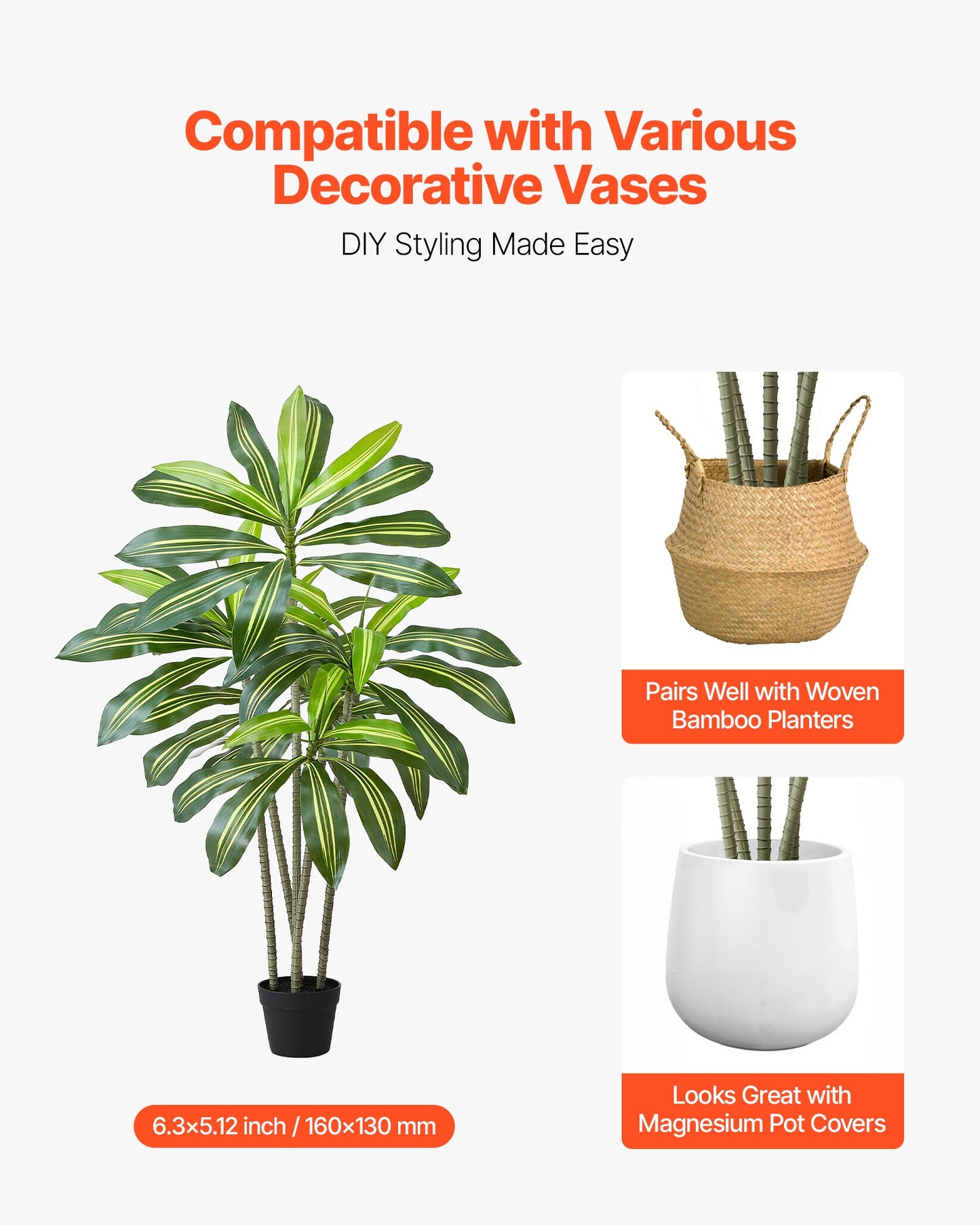 Artificial Dracaena Tree 1524 mm, Fake Palm Tropical Plants with White Tall Planter, Faux Floor Silk Plant in Pot, Large Trees for Home Office Living Room Decor House Warming, Indoor Outdoor