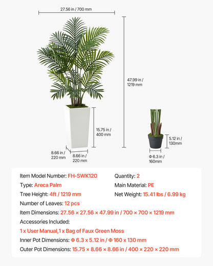 Artificial Areca Palm 1219 mm, 2 Pack Fake Palm Tropical Plants with White Tall Planter, Faux Floor Silk Plant in Pot, Large Tree for Home Office Living Room Decor House Warming, Indoor Outdoor