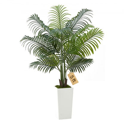 Artificial Areca Palm Tree 1524 mm, Fake Palm Tropical Plants with White Tall Planter, Faux Floor Silk Plant in Pot, Large Trees for Home Office Living Room Decor House Warming, Indoor Outdoor