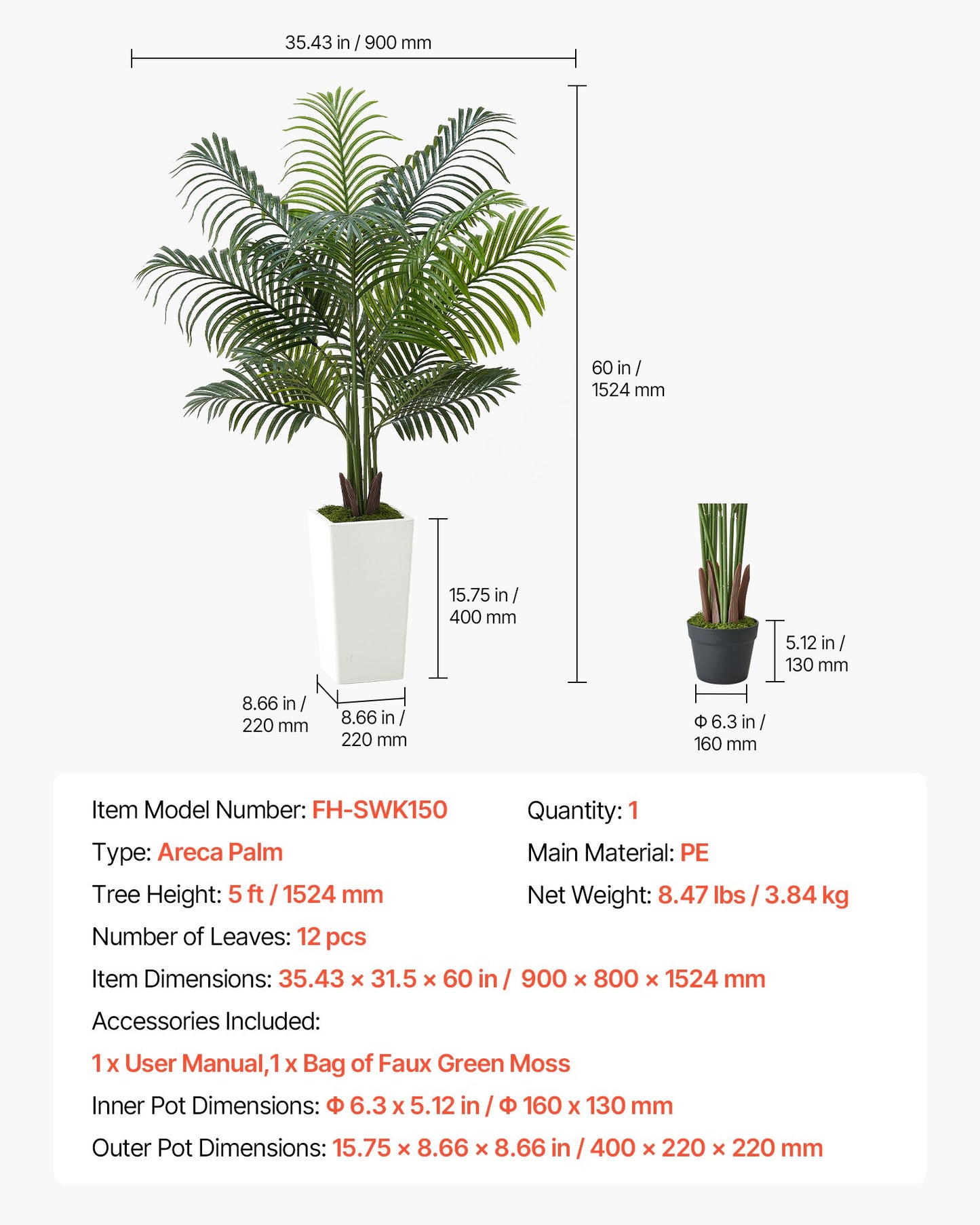 Artificial Areca Palm Tree 1524 mm, Fake Palm Tropical Plants with White Tall Planter, Faux Floor Silk Plant in Pot, Large Trees for Home Office Living Room Decor House Warming, Indoor Outdoor