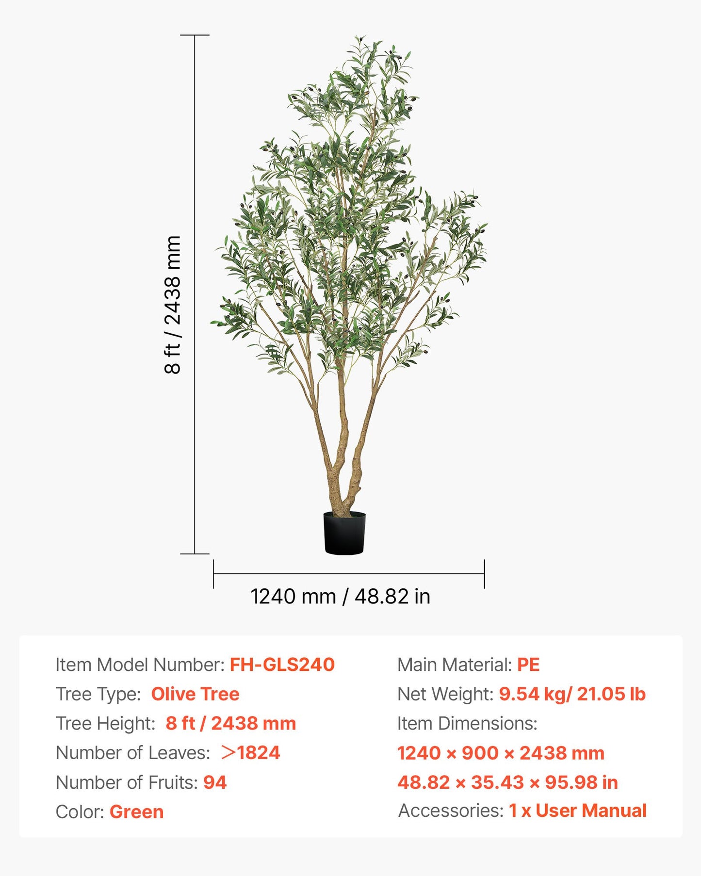 240 cm konstgjort olivträd med svart kruka, högt konstgjort träd med naturlig trästam och realistiska gröna blad och frukter, konstgjord inomhusväxt för hem, kontor, vardagsrum, hörndekor