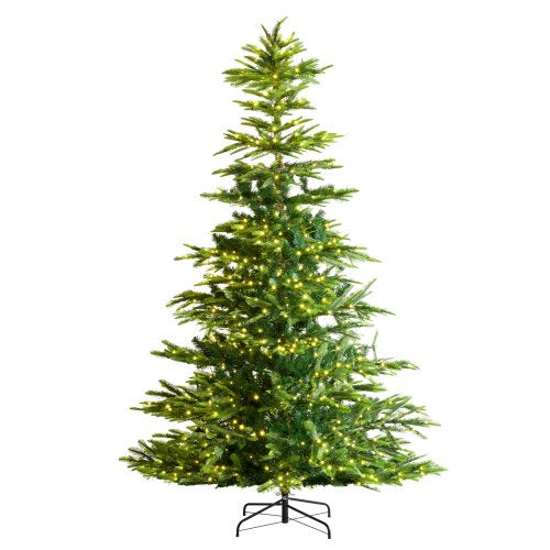 Christmas Tree, 7.5ft Prelit Artificial Xmas Tree, Full Holiday Decor Tree with 700 Warm White LED Lights, 1319 Branch Tips, Metal Base for Home Party Office Decoration