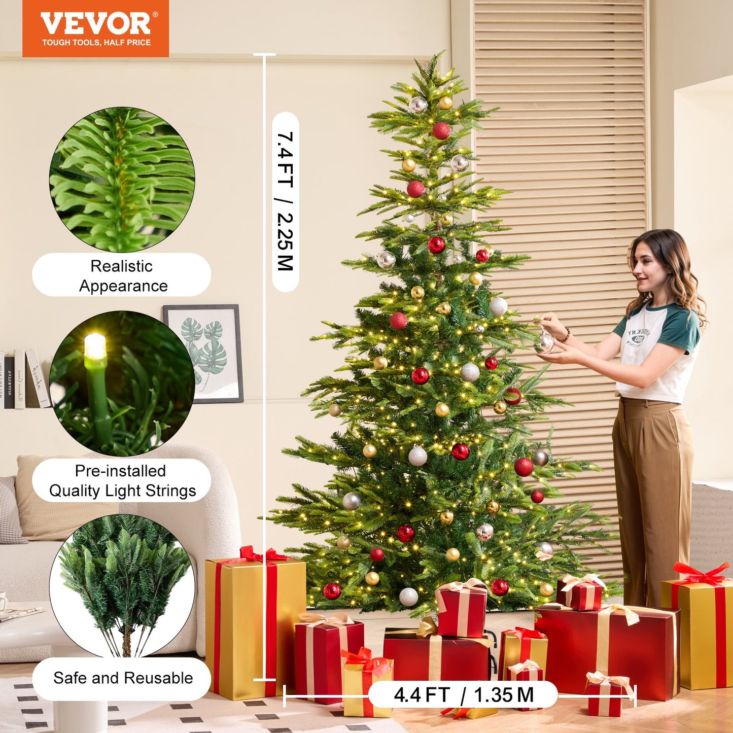 Christmas Tree, 7.5ft Prelit Artificial Xmas Tree, Full Holiday Decor Tree with 700 Warm White LED Lights, 1319 Branch Tips, Metal Base for Home Party Office Decoration