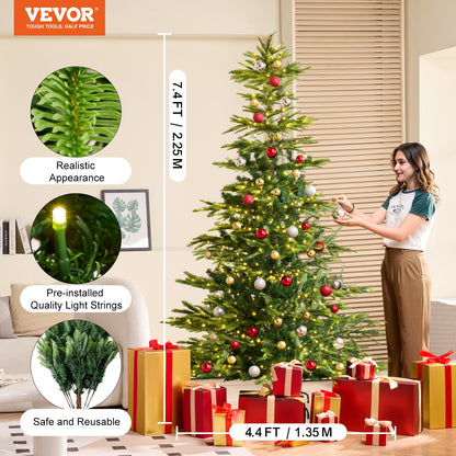 Christmas Tree, 7.5ft Prelit Artificial Xmas Tree, Full Holiday Decor Tree with 700 Warm White LED Lights, 1319 Branch Tips, Metal Base for Home Party Office Decoration