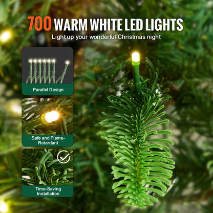 Christmas Tree, 7.5ft Prelit Artificial Xmas Tree, Full Holiday Decor Tree with 700 Warm White LED Lights, 1319 Branch Tips, Metal Base for Home Party Office Decoration