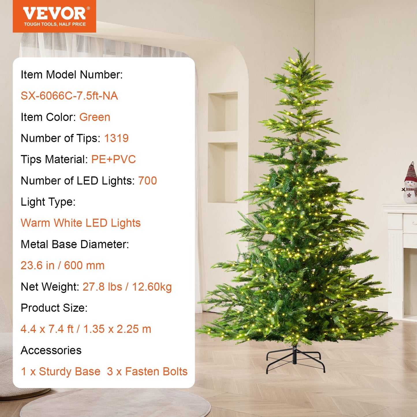 Christmas Tree, 7.5ft Prelit Artificial Xmas Tree, Full Holiday Decor Tree with 700 Warm White LED Lights, 1319 Branch Tips, Metal Base for Home Party Office Decoration