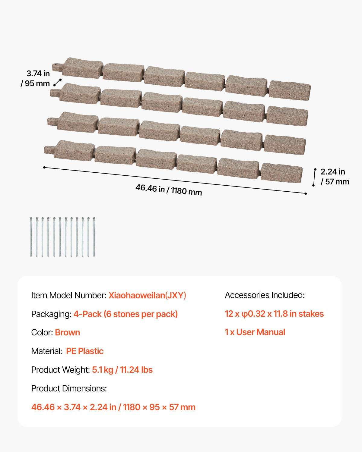 Kantlist i konststen, 122 x 6 cm realistisk gräsmatta, flexibel trädgårdskant i tegelstorlek med förankringsspikar, blekningsbeständig trädgårdskant för uppfarter, gångvägar, brun