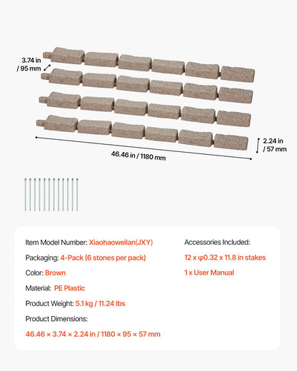 Kantlist i konststen, 122 x 6 cm realistisk gräsmatta, flexibel trädgårdskant i tegelstorlek med förankringsspikar, blekningsbeständig trädgårdskant för uppfarter, gångvägar, brun