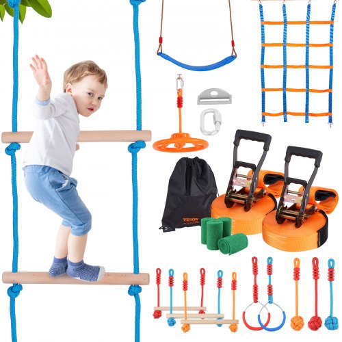 Ninja Warrior Obstacle Course for Kids, 2 x 56 ft Weatherproof Slacklines, 500lbs Weight Capacity Monkey Line, Outdoor Playset Equipment, Backyard Toys Training Equipment Set with 12 Obstacles