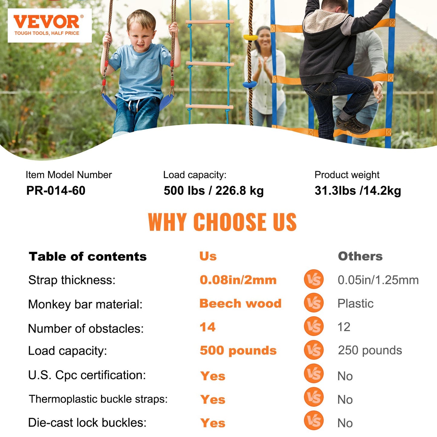 Ninja Warrior Obstacle Course for Kids, 2 x 60 ft Weatherproof Slacklines, 500lbs Weight Capacity Monkey Line, Outdoor Playset Equipment, Backyard Toys Training Equipment Set with 14 Obstacles