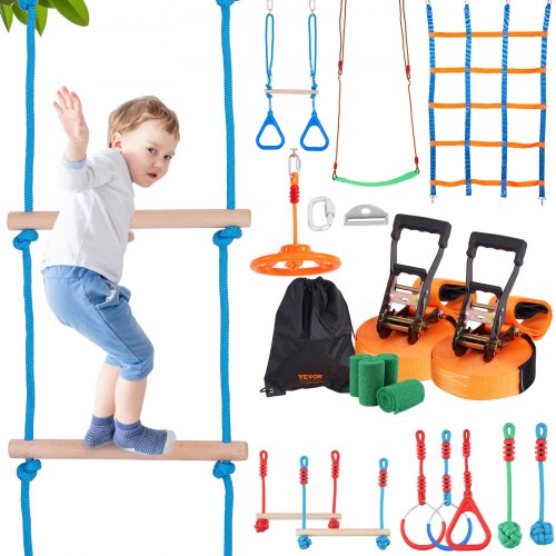 Ninja Warrior Obstacle Course for Kids, 2 x 65 ft Weatherproof Slacklines, 500lbs Weight Capacity Monkey Line, Outdoor Playset Equipment, Backyard Toys Training Equipment Set with 12 Obstacles