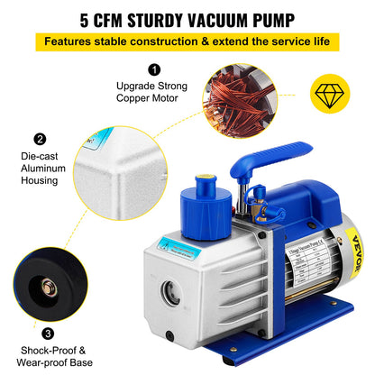 Vakuumkammare med pump Vakuumkammarsats 5 gal/18,9 l 5 cfm 1/3 hk enstegs