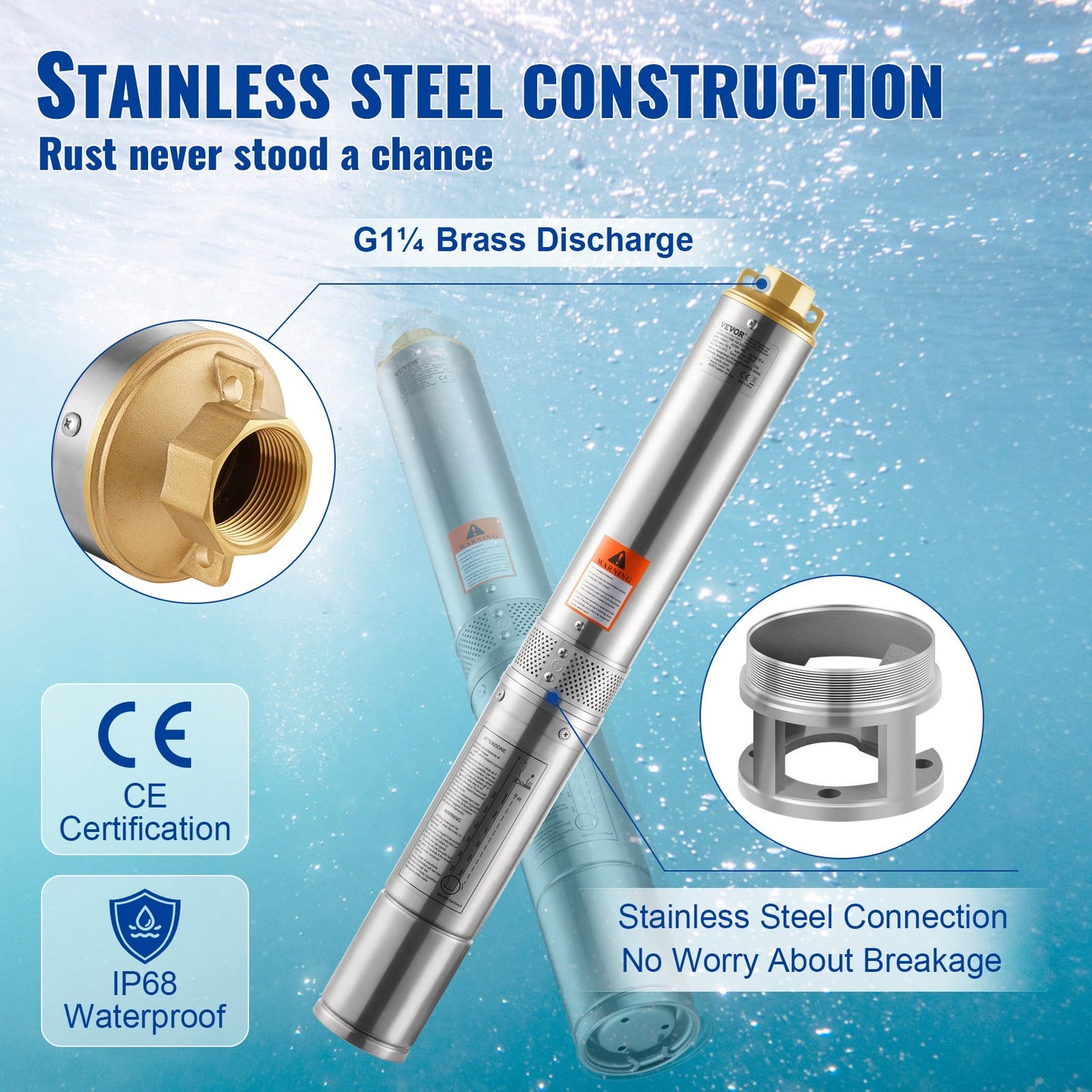 Dränkbar djupbrunnspump, 370 W 230 V 50 Hz, 5,3 m³/h maxflöde 50 m (164 ft) maxhöjd, med 9,1 m elsladd, vattenpumpar i rostfritt stål för industriell bevattning och hemmabruk, IP68 vattentät klass