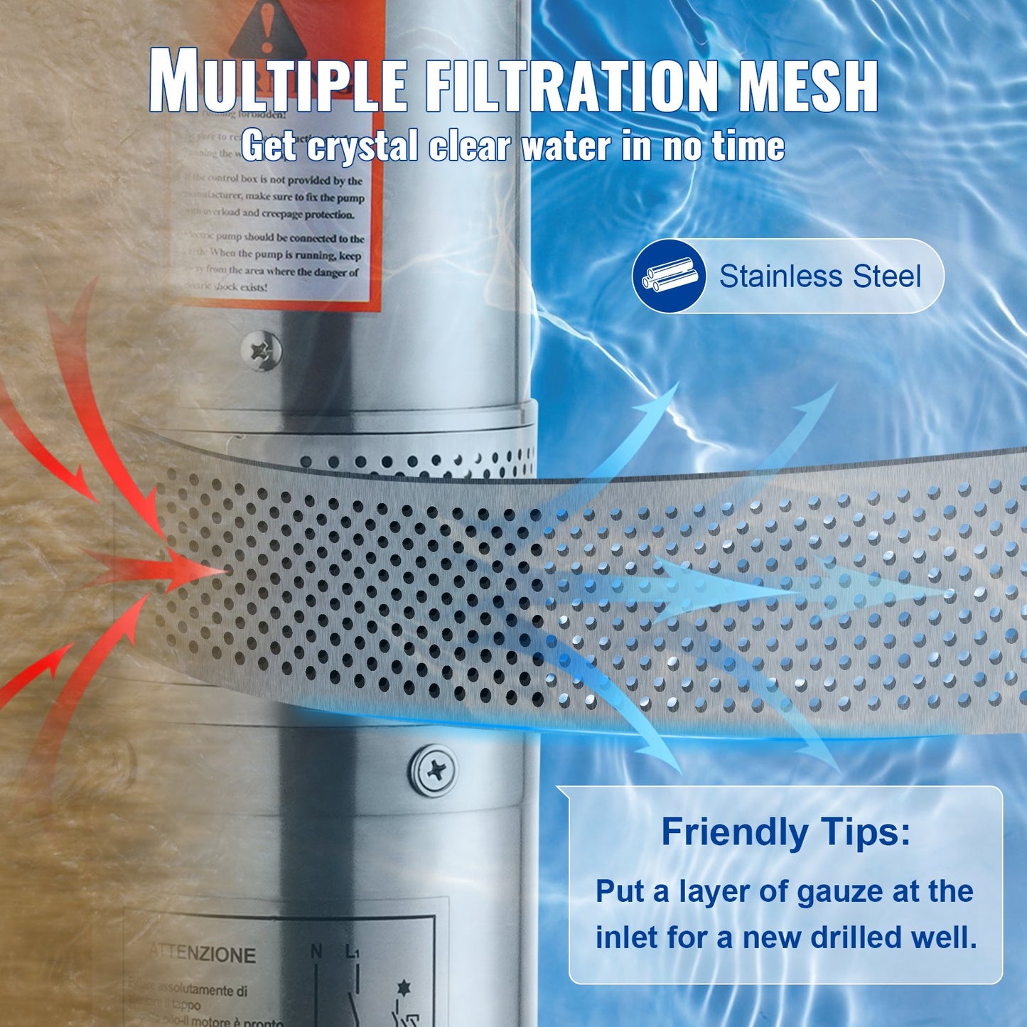 Dränkbar djupbrunnspump, 370 W 230 V 50 Hz, 5,3 m³/h maxflöde 50 m (164 ft) maxhöjd, med 9,1 m elsladd, vattenpumpar i rostfritt stål för industriell bevattning och hemmabruk, IP68 vattentät klass