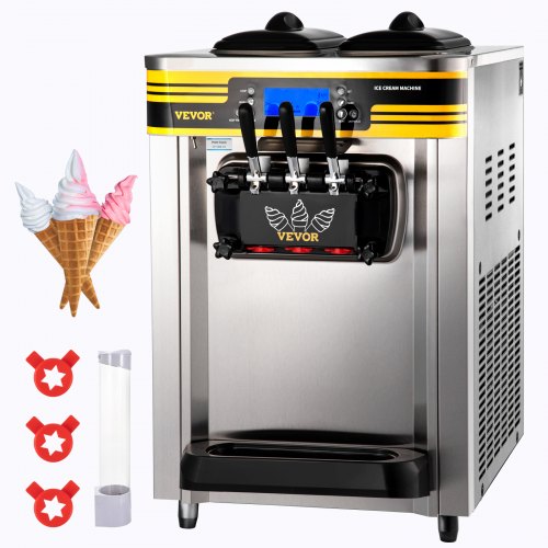 Commercial Ice Cream Maker, 22-30L/H Yield, 2350W Countertop Soft Serve Machine with 2x6L Hopper 2L Cylinder LCD Panel Puffing Shortage Alarm, Frozen Yogurt Maker for Restaurant Snack Bar, Silve