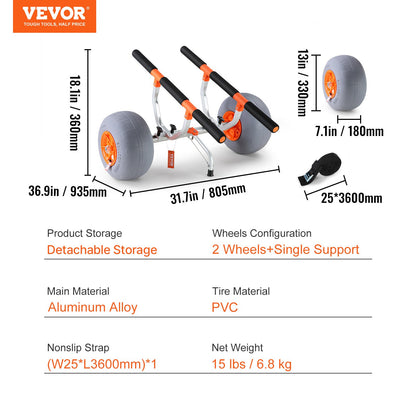 Kraftig kajakvagn, 158,8 kg lastkapacitet, hopfällbar kanotvagn med 30,5 cm däck, justerbar bärbredd och halkfri stödfot, för kajaker, kanoter, paddelbrädor, flytmattor, Jon Boats