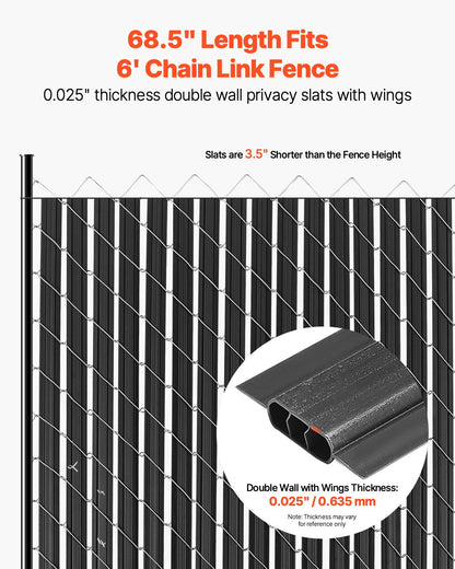 Bottom Locking Privacy Slats, Double-Wall Vertical Bottom-Locking Slats with Wings for Chain-Link Fence, High-Density HDPE Chain Link Slats Ideally Fit 6' High Fence for Garden and Farm(Black)