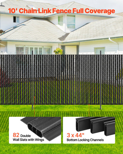 Bottom Locking Privacy Slats, Double-Wall Vertical Bottom-Locking Slats with Wings for Chain-Link Fence, High-Density HDPE Chain Link Slats Ideally Fit 6' High Fence for Garden and Farm(Black)