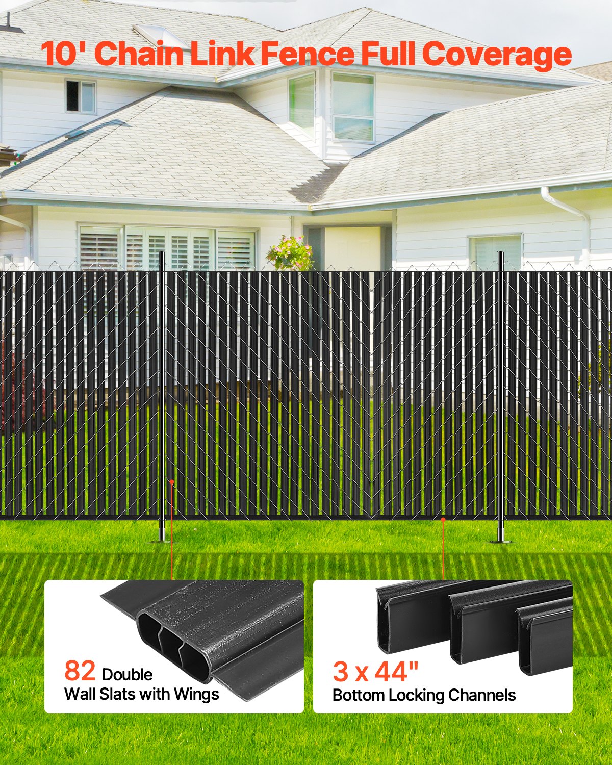 Bottom Locking Privacy Slats, Double-Wall Vertical Bottom-Locking Slats with Wings for Chain-Link Fence, High-Density HDPE Chain Link Slats Ideally Fit 6' High Fence for Garden and Farm(Black)