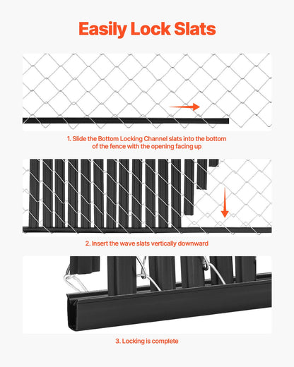 Bottom Locking Privacy Slats, Double-Wall Vertical Bottom-Locking Slats with Wings for Chain-Link Fence, High-Density HDPE Chain Link Slats Ideally Fit 6' High Fence for Garden and Farm(Black)