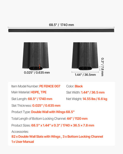 Bottom Locking Privacy Slats, Double-Wall Vertical Bottom-Locking Slats with Wings for Chain-Link Fence, High-Density HDPE Chain Link Slats Ideally Fit 6' High Fence for Garden and Farm(Black)