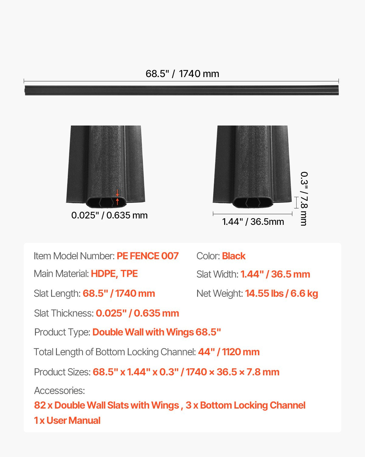 Bottom Locking Privacy Slats, Double-Wall Vertical Bottom-Locking Slats with Wings for Chain-Link Fence, High-Density HDPE Chain Link Slats Ideally Fit 6' High Fence for Garden and Farm(Black)