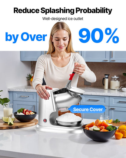 Iskrossmaskin, 100 kg per timme elektrisk snökonstillverkare med 4 blad, ismaskin i rostfritt stål med skål och lock, 300 W 2000 RPM israktor för hemmabruk och kommersiellt bruk, silver