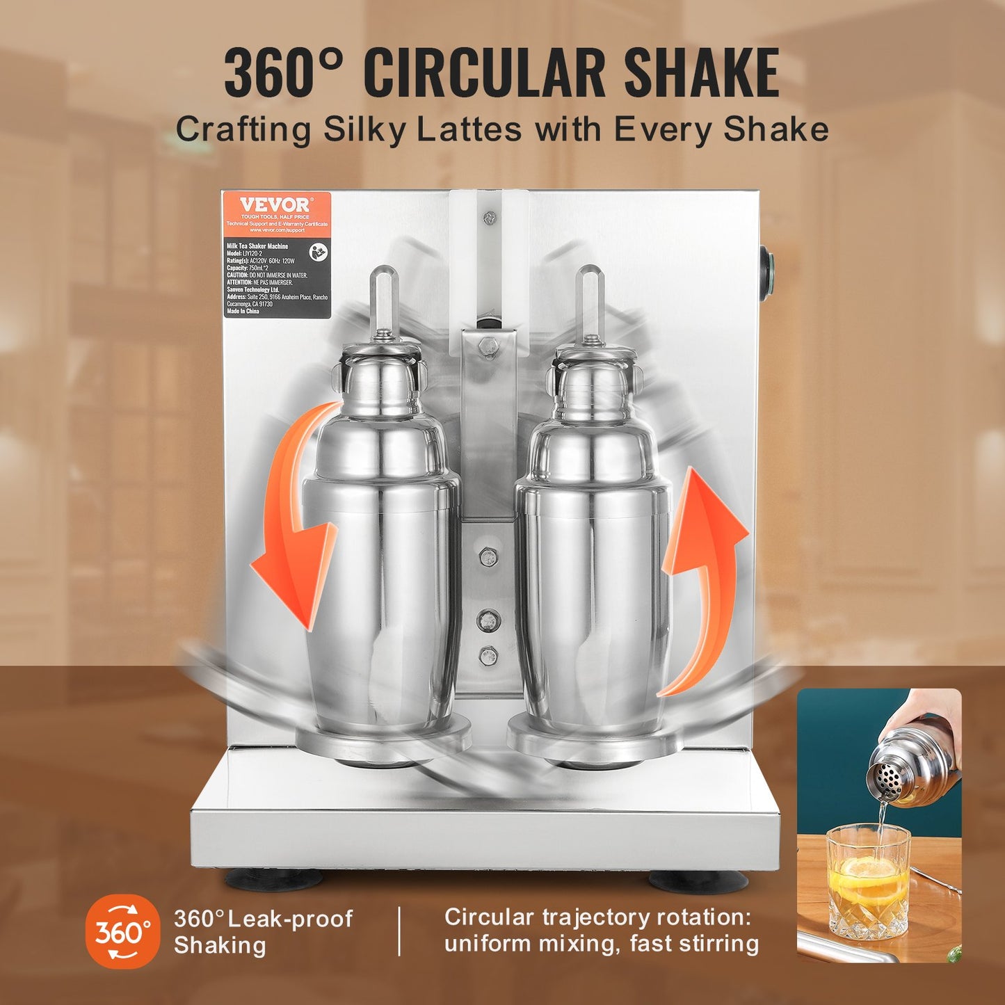 Milkshakemaskin, 120W kommersiell mjölkte-shaker, milkshake-mixer med dubbla huvuden, justerbar milkshake-mixer 0-180s, med 750 ml rostfri kopp, för mjölkte-butik