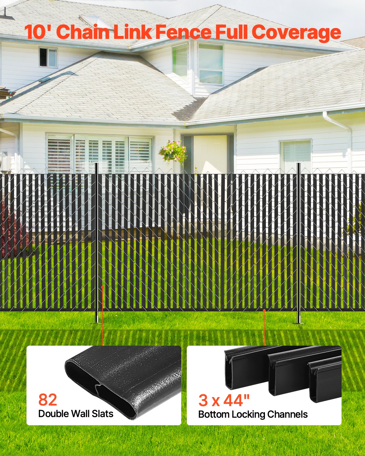 Bottom Locking Privacy Slats, Double-Wall Vertical Bottom-Locking Slats for Chain-Link Fence, High-Density HDPE Chain Link Slats Ideally Fit 6' High Fence for Garden, Farm, Sports Field(Black)